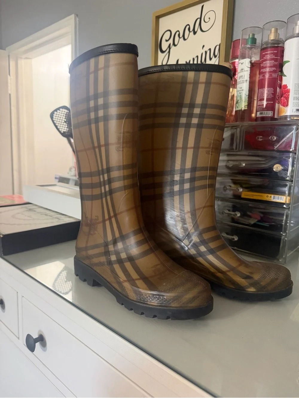 Burberry Beige Plaid Rain Boots